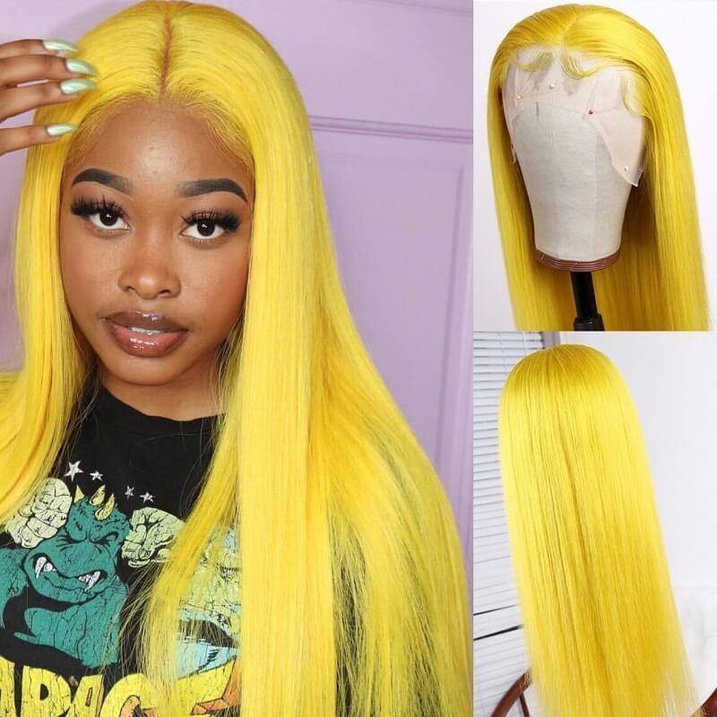 Yellow Colored 13X4 HD Lace Front Human Hair Wig Straight Brazilian Remy Hair MYLOCKME