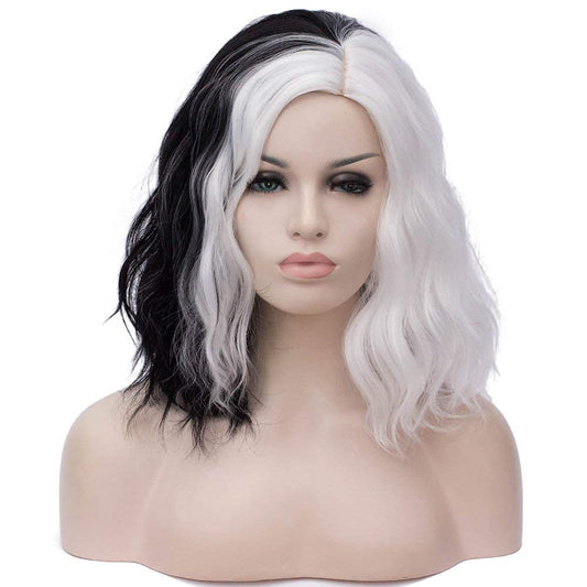 🎃 Perruque noire et blanche courte bouclée ondulée Bob perruque pour femme Cosplay Costume Halloween MYLOCKME 