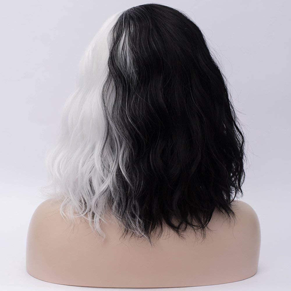 🎃Black and White Wig Short Curly Wavy Bob Wig for Women Cosplay Costume Halloween MYLOCKME