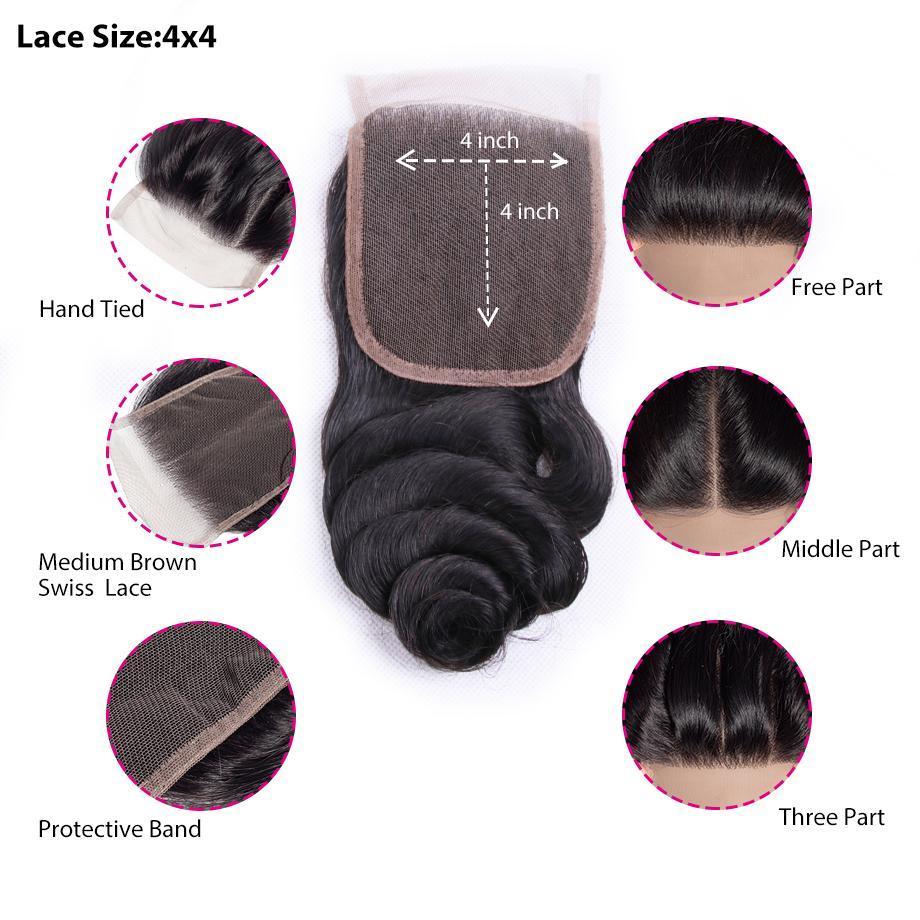 Brazilian Loose Wave Human Hair 3 Bundles with 4x4 Lace Closure MYLOCKME