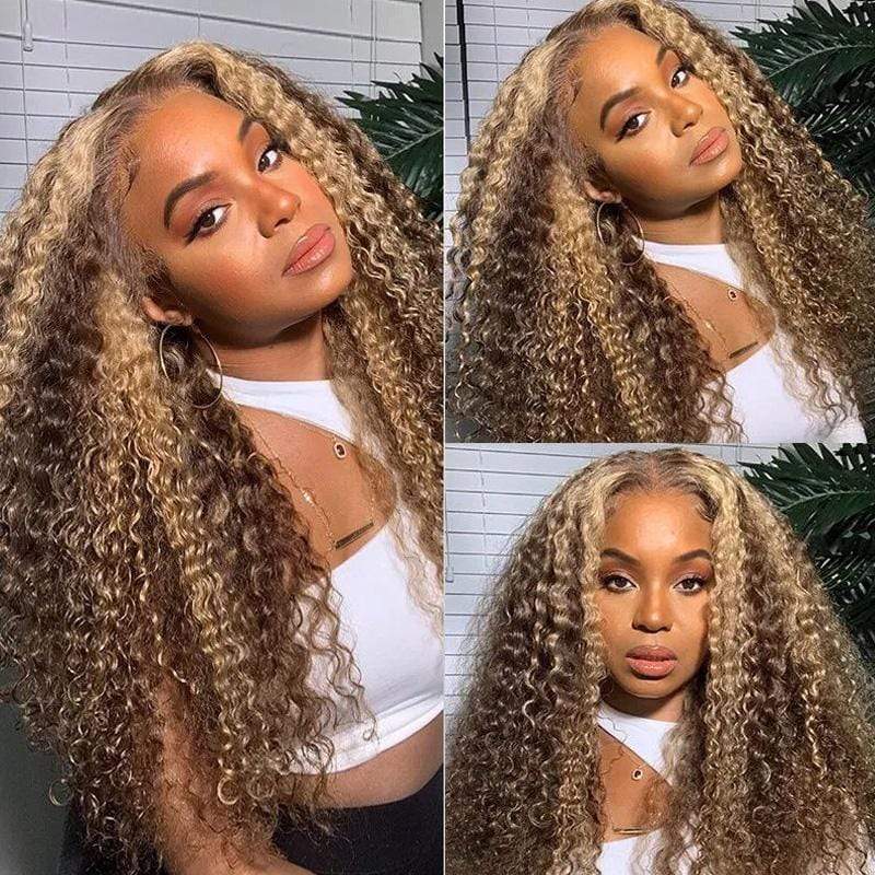 Honey Blonde Highlight Pre Plucked 13x4 Lace Front Wigs Long Curly Human Hair Wigs 180% Density MYLOCKME