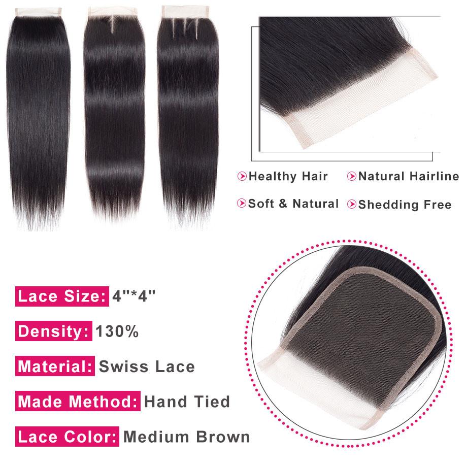 Malaysian Straight Bundles With 4×4 Closure 10A Grade 100% Human Remy Hair MYLOCKME