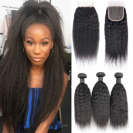 Brazilian Kinky Straight 4 Bundles With 4×4 Lace Closure 10A Grade 100% Human Remy Hair MYLOCKME