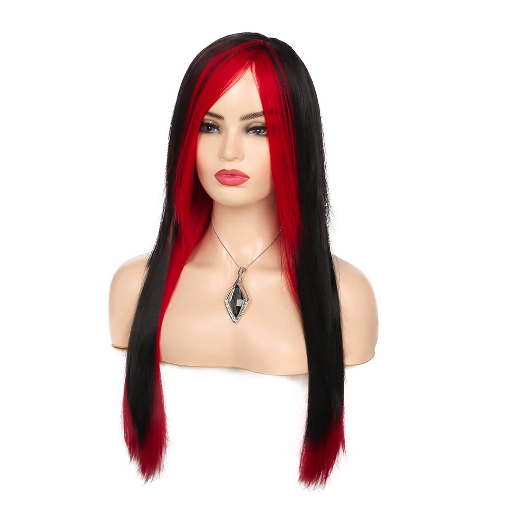 🎃 Long Red Black Wig Silky Straight Synthetic Heat Resistant Side Bangs Halloween Costume Hair Wigs for Women MYLOCKME