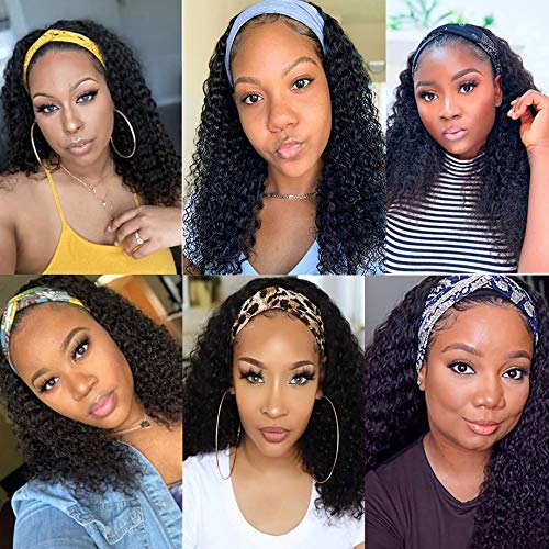 Brazilian Kinky Curly Glueless Headband Wig With  Pre-attached Scarf 150%&180% Density Natural Color Human Hair Wigs MYLOCKME