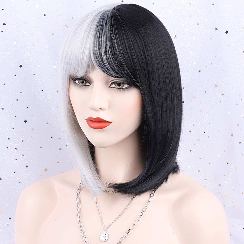 🎃Black and White Wig Half Black Half White Wig with Bangs Cosplay Wig Costume Wigs for Women Girls Split Wig Halloween Party Use MYLOCKME