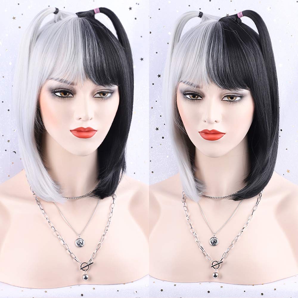 🎃Black and White Wig Half Black Half White Wig with Bangs Cosplay Wig Costume Wigs for Women Girls Split Wig Halloween Party Use MYLOCKME