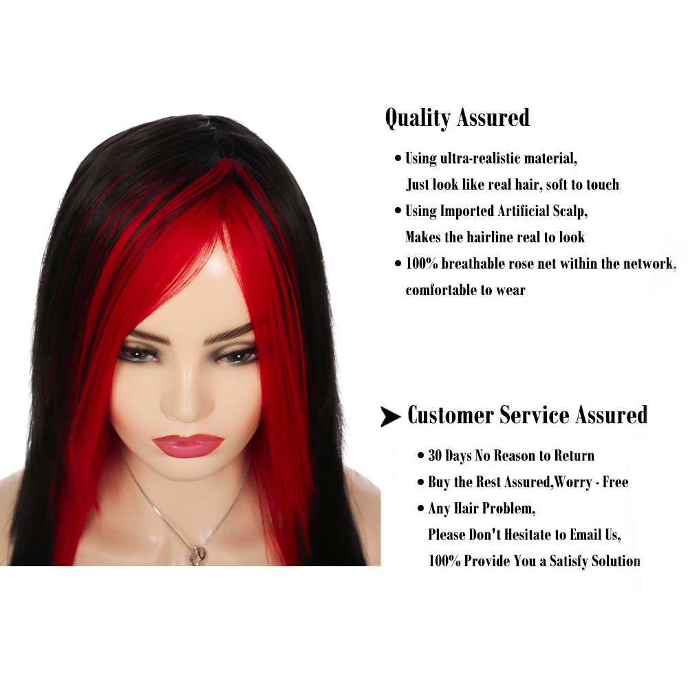 🎃 Long Red Black Wig Silky Straight Synthetic Heat Resistant Side Bangs Halloween Costume Hair Wigs for Women MYLOCKME