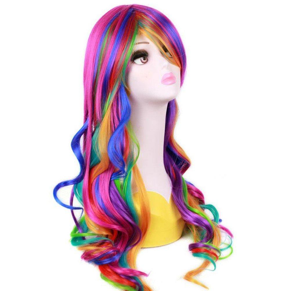🎃 Perruque longue ondulée élégante arc-en-ciel bouclée perruque colorée pour costume d'anime Halloween Cosplay MYLOCKME