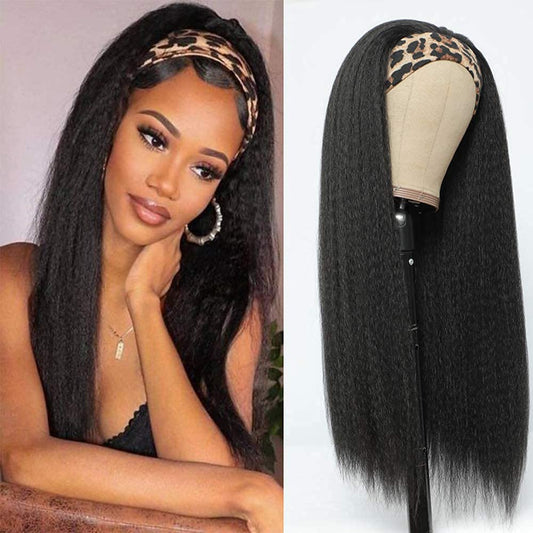 Brazilian Kinky Straight Glueless Headband Wig With Pre-attached Scarf 150%&180% Density Natural Color Human Hair Wigs MYLOCKME