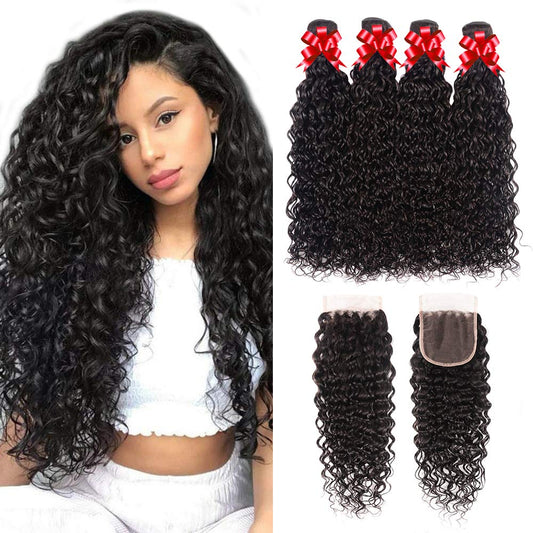 Brazilian Water Wave 4 Bundles With 4×4 Lace Closure 10A Grade 100% Human Remy Hair MYLOCKME