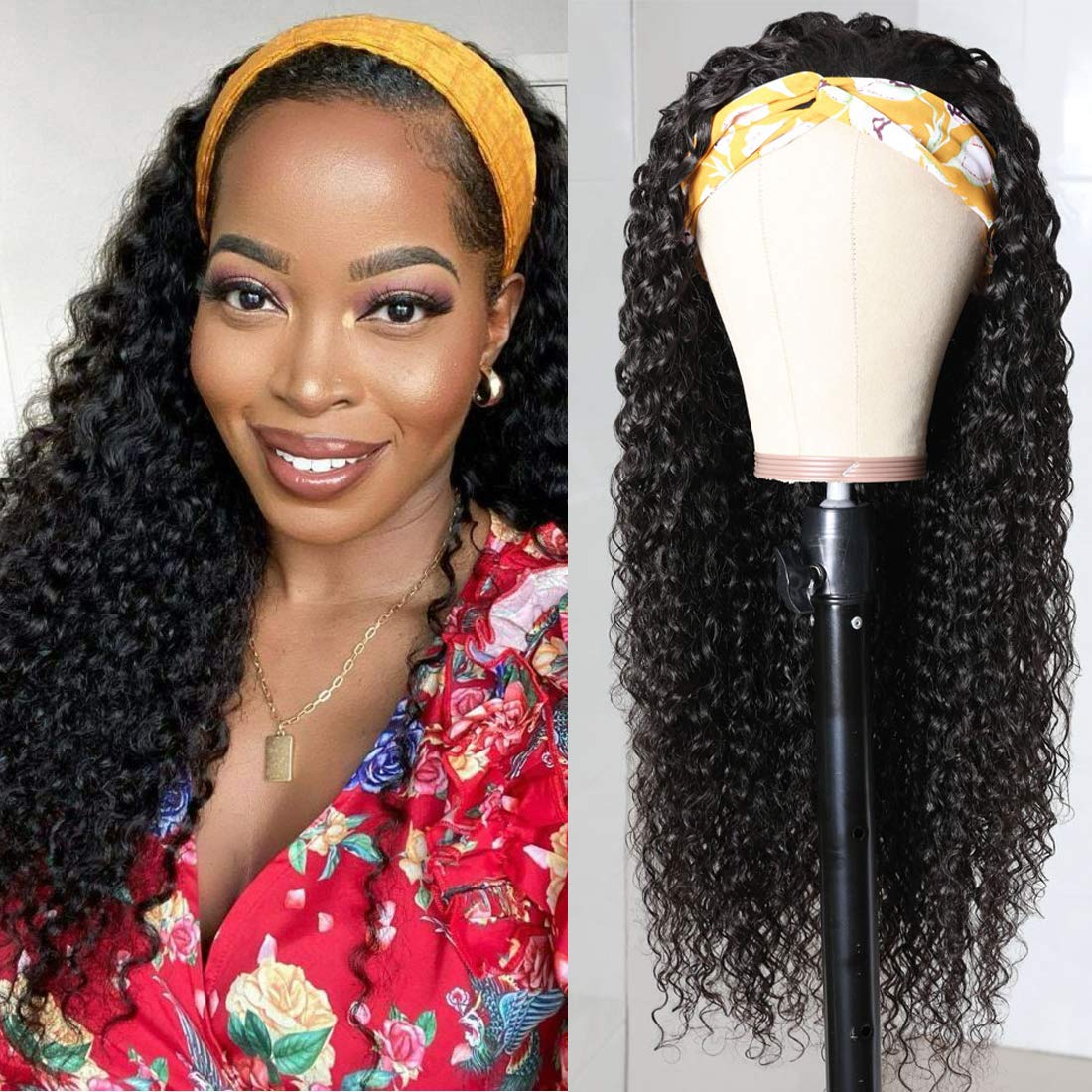 Brazilian Kinky Curly Glueless Headband Wig With  Pre-attached Scarf 150%&180% Density Natural Color Human Hair Wigs MYLOCKME