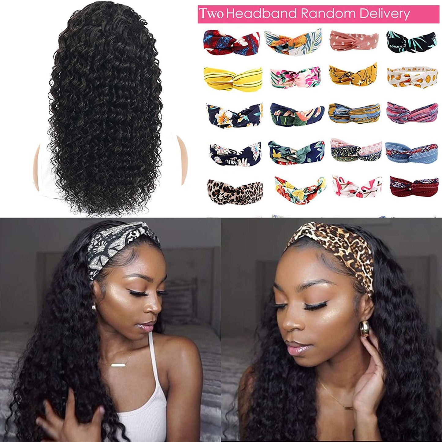 Brazilian Deep Wave Glueless Headband Wig With Pre-attached Scarf 150%&180% Density Natural Color Human Hair Wigs MYLOCKME