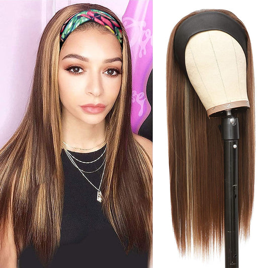 Brazilian Straight Glueless Headband Wig Highlight Wig Mix #2/6 Ombre Color With Pre-attached Scarf 150%&180% Density Human Hair Wigs MYLOCKME