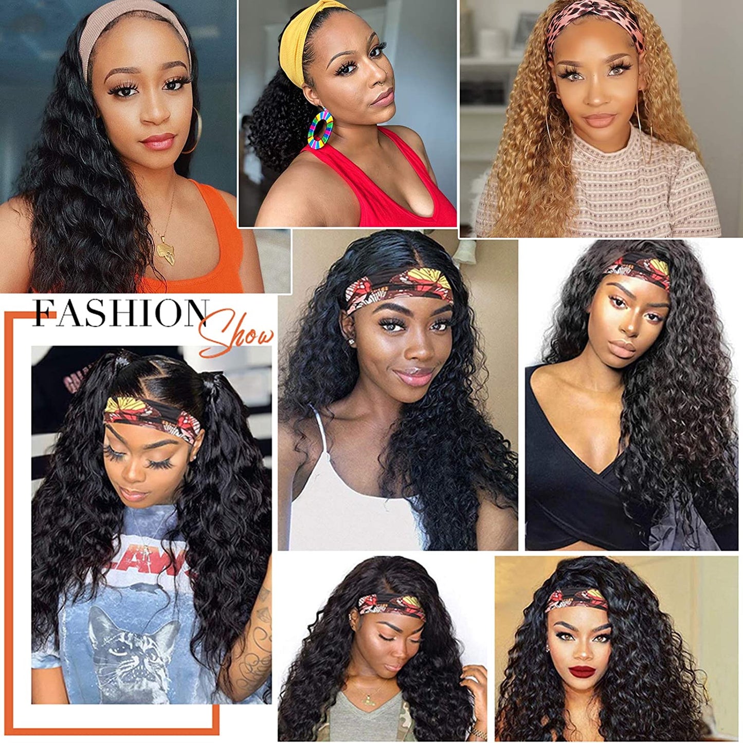 Brazilian Deep Wave Glueless Headband Wig With Pre-attached Scarf 150%&180% Density Natural Color Human Hair Wigs MYLOCKME