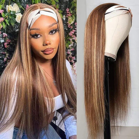 Brazilian Straight Glueless Headband Wig Ombre #4/27 Highlight Human Hair Wigs With Pre-attached Scarf 150%&180% Density MYLOCKME