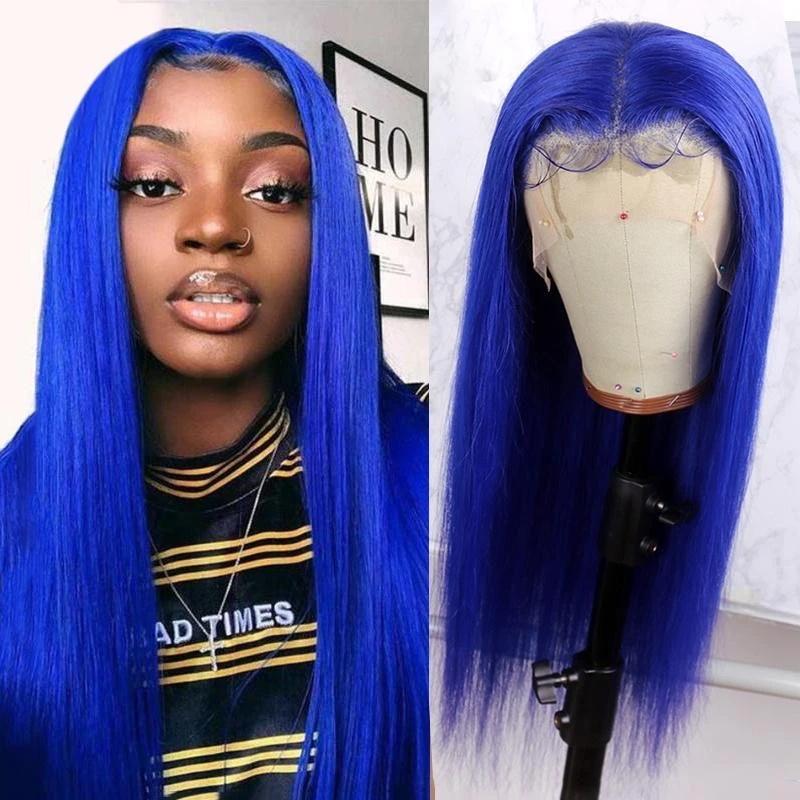 Blue Colored 13x4 HD Lace Front Human Hair Wig Straight Brazilian Remy Hair  MYLOCKME