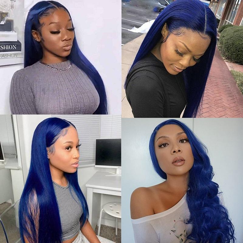 Dark Blue Colored 13x4 HD Lace Front Human Hair Wig Straight Brazilian Remy Hair  MYLOCKME