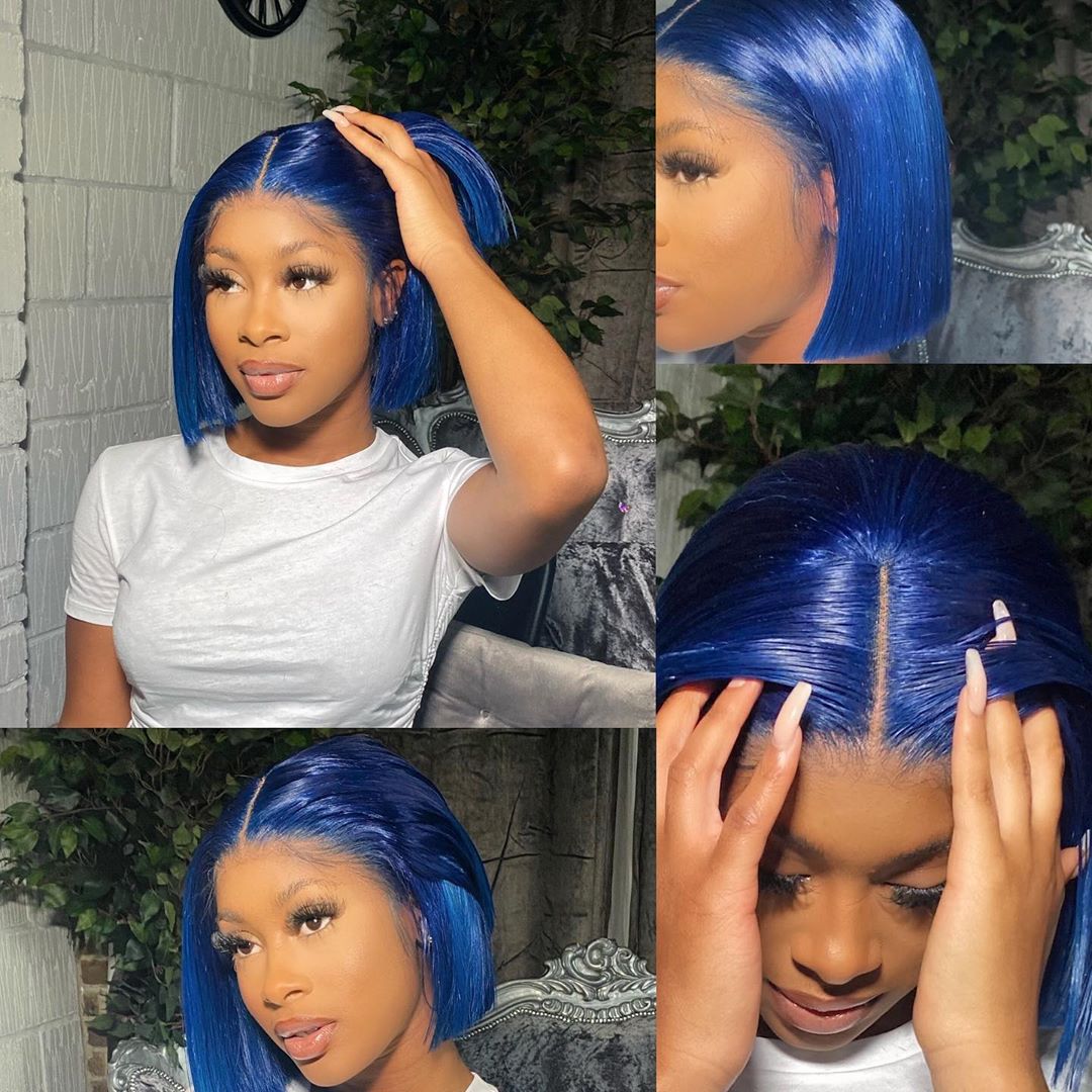 Blue Straight Hair Wig 13*4 HD  Lace Front Short Bob Wig  MYLOCKME