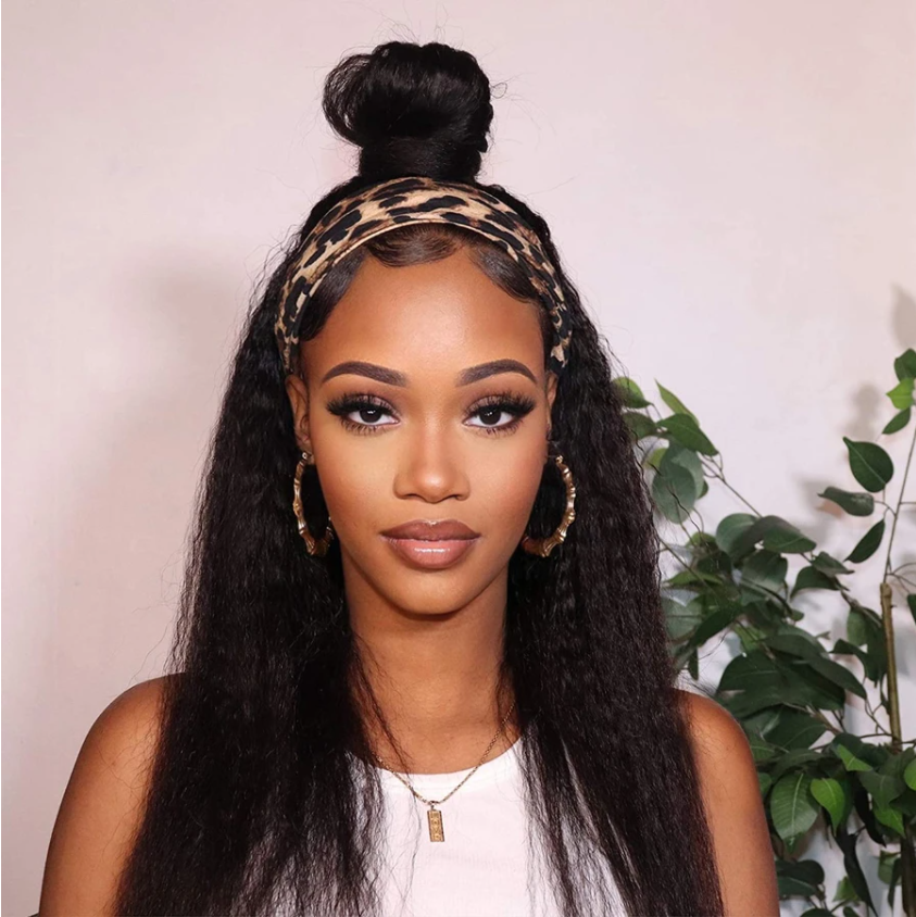 Brazilian Kinky Straight Glueless Headband Wig With Pre-attached Scarf 150%&180% Density Natural Color Human Hair Wigs MYLOCKME