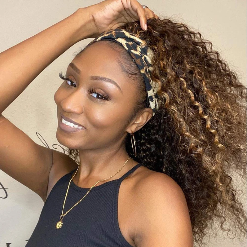 Brazilian Kinky Curly highlighted Wig Ombre #4/27 Ombre Color Glueless Headband Wig With Pre-attached Scarf 150%&180% Density Human Hair Wigs MYLOCKME