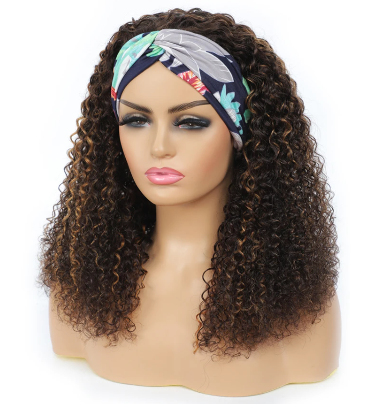 Brazilian Kinky Curly highlighted Wig Ombre #4/27 Ombre Color Glueless Headband Wig With Pre-attached Scarf 150%&180% Density Human Hair Wigs MYLOCKME