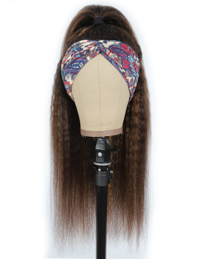 Perruque bandeau brésilien Kinky Straight Glueless Ombre # 4/27 avec écharpe pré-attachée 150% &amp; 180% Densité Perruques de Cheveux Humains MYLOCKME 