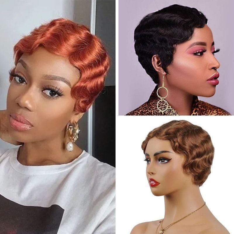 Perruques de cheveux humains coupe courte Pixie Finger Wave Full Machine Made Wig MYLOCKME 