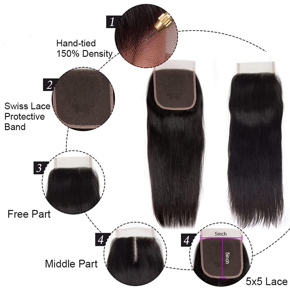 Fermeture droite de cheveux humains 5 * 5 Lace Remy Lace Closure Natural Color MYLOCKME 