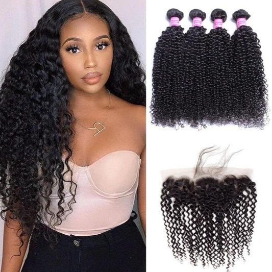 Brazilian Kinky Curly 4 Bundles With 13×4 Lace Frontal 10A Grade 100% Human Remy Hair MYLOCKME